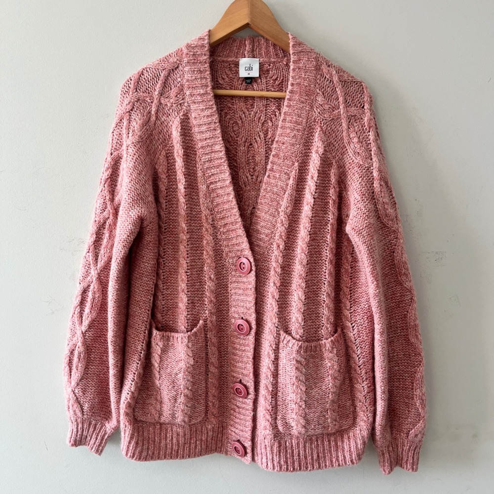 Cabi 4065 Cable Knit Cardigan Sweater Pink M Wool Alpaca Blend Pocket Front